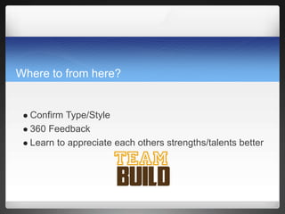 Where to from here?
 Confirm Type/Style
 360 Feedback
 Learn to appreciate each others strengths/talents better
 