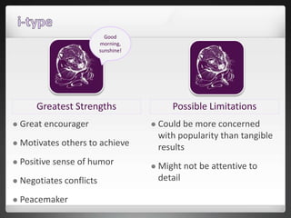 Greatest Strengths Possible Limitations
 Great encourager
 Motivates others to achieve
 Positive sense of humor
 Negot...