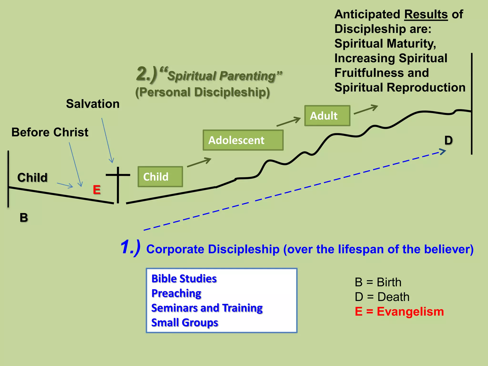 Salvation
Before Christ
Child
E
Child
2.)“Spiritual Parenting”
(Personal Discipleship)
Adolescent
Adult
Anticipated Results of
Discipleship are:
Spiritual Maturity,
Increasing Spiritual
Fruitfulness and
Spiritual Reproduction
B
D
1.) Corporate Discipleship (over the lifespan of the believer)
Bible Studies
Preaching
Seminars and Training
Small Groups
B = Birth
D = Death
E = Evangelism
 