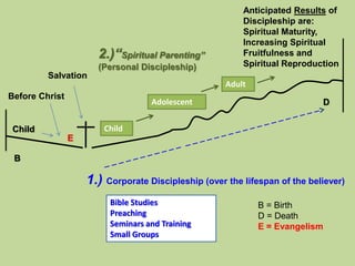 Salvation
Before Christ
Child
E
Child
2.)“Spiritual Parenting”
(Personal Discipleship)
Adolescent
Adult
Anticipated Results of
Discipleship are:
Spiritual Maturity,
Increasing Spiritual
Fruitfulness and
Spiritual Reproduction
B
D
1.) Corporate Discipleship (over the lifespan of the believer)
Bible Studies
Preaching
Seminars and Training
Small Groups
B = Birth
D = Death
E = Evangelism
 