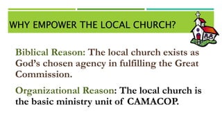 WHY EMPOWER THE LOCAL CHURCH?
Biblical Reason: The local church exists as
God’s chosen agency in fulfilling the Great
Commission.
Organizational Reason: The local church is
the basic ministry unit of CAMACOP.
 