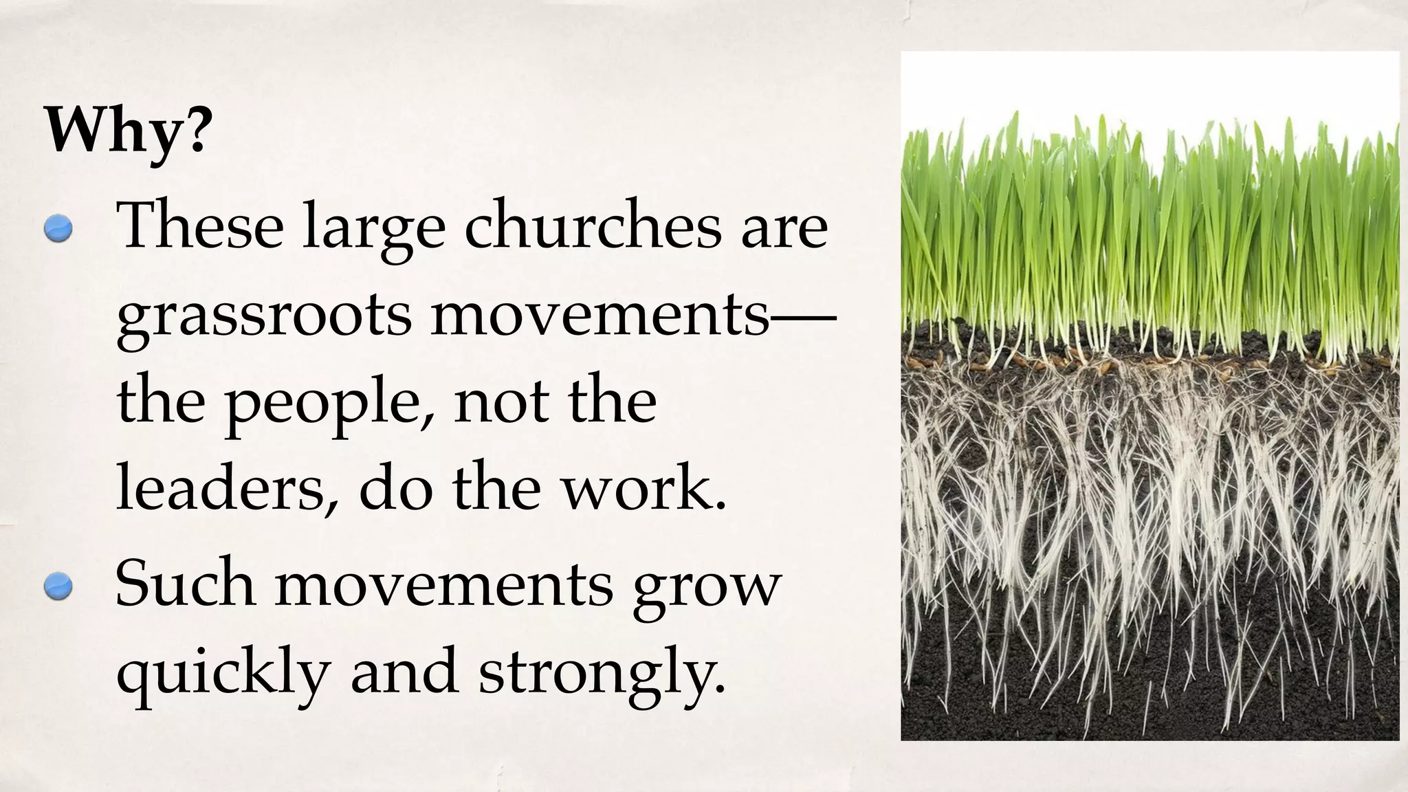 Why?
These large churches are
grassroots movements—
the people, not the
leaders, do the work.
Such movements grow
quickly and strongly.
 