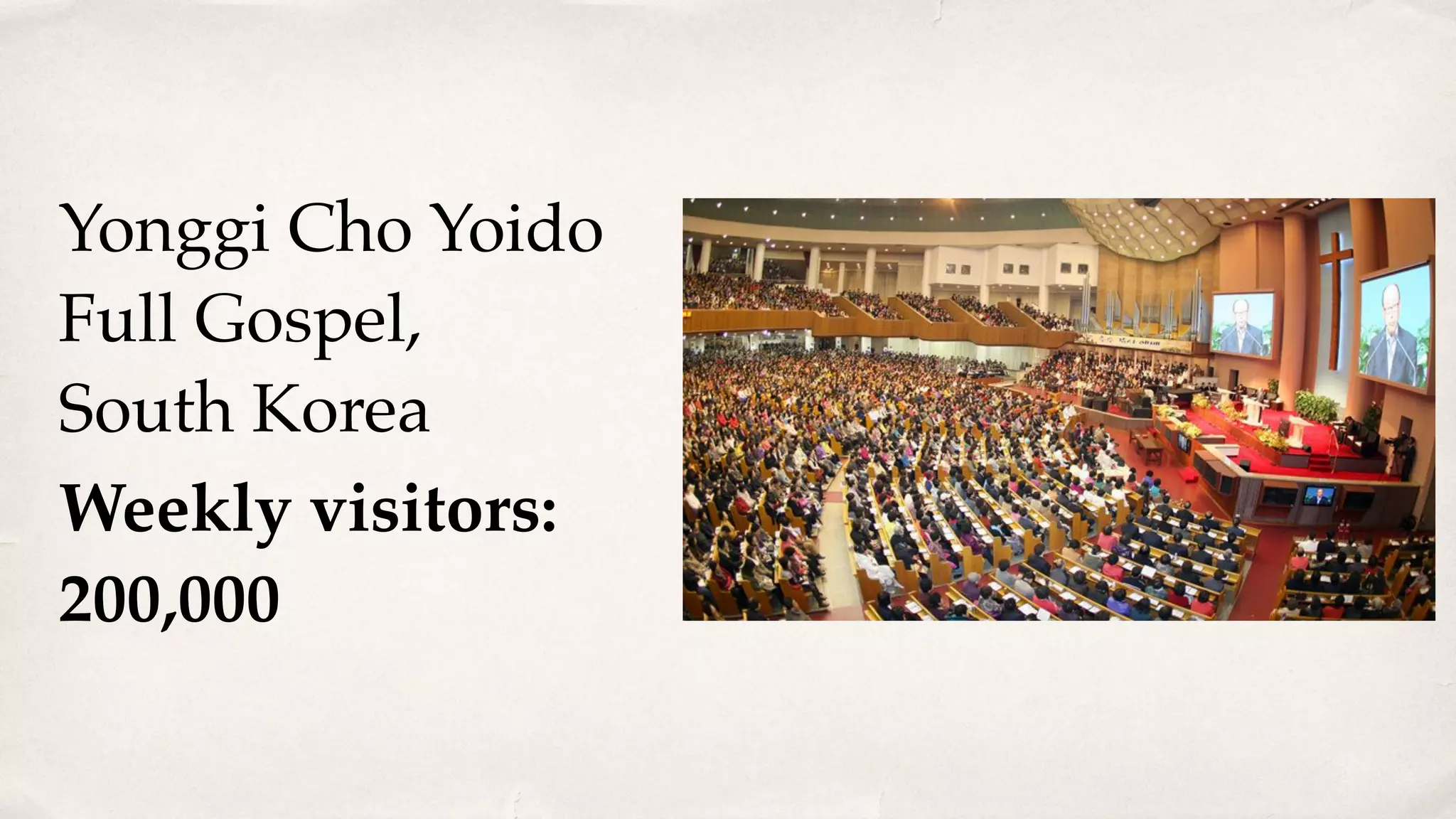 Yonggi Cho Yoido
Full Gospel,
South Korea
Weekly visitors:
200,000
 