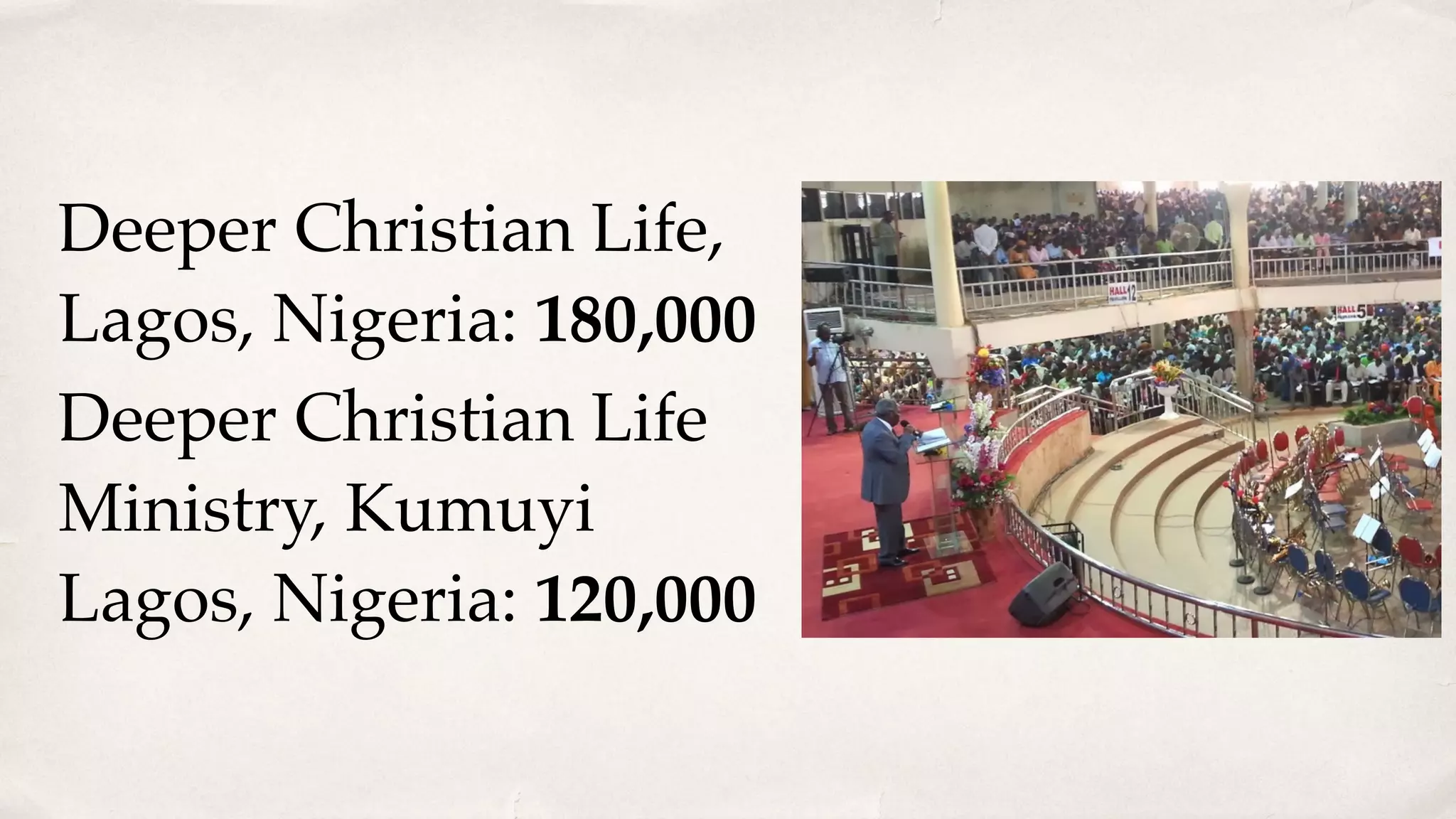 Deeper Christian Life,
Lagos, Nigeria: 180,000
Deeper Christian Life
Ministry, Kumuyi
Lagos, Nigeria: 120,000
 
