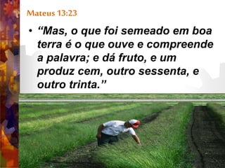 Mateus 13:23
• “Mas, o que foi semeado em boa
terra é o que ouve e compreende
a palavra; e dá fruto, e um
produz cem, outro sessenta, e
outro trinta.”
 