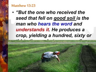 Matthew 13:23
• “But the one who received the
seed that fell on good soil is the
man who hears the word and
understands it. He produces a
crop, yielding a hundred, sixty or
thirty times what was sown.”
 
