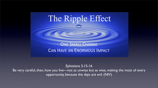 Ephesians 5:15-16
Be very careful, then, how you live—not as unwise but as wise, making the most of every
opportunity, because the days are evil. (NIV)

 