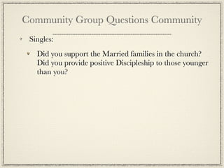 Community Group Questions Community
 Singles:
   Did you support the Married families in the church?
   Did you provide positive Discipleship to those younger
   than you?
 
