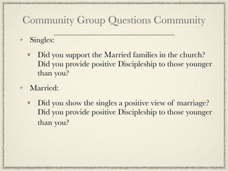 Community Group Questions Community
 Singles:
   Did you support the Married families in the church?
   Did you provide positive Discipleship to those younger
   than you?
 Married:
   Did you show the singles a positive view of marriage?
   Did you provide positive Discipleship to those younger
   than you?
 