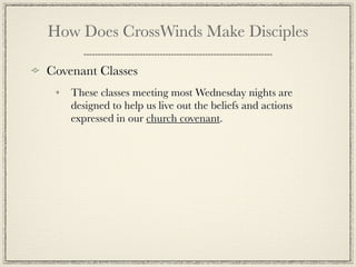 How Does CrossWinds Make Disciples

Covenant Classes
    These classes meeting most Wednesday nights are
    designed to help us live out the beliefs and actions
    expressed in our church covenant.
 