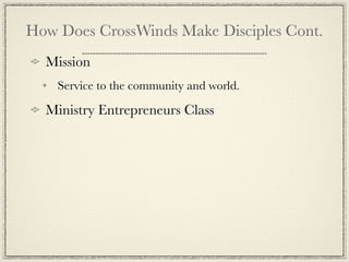 How Does CrossWinds Make Disciples Cont.
  Mission
    Service to the community and world.

  Ministry Entrepreneurs Class
 