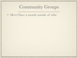 Community Groups
Meet Once a month outside of tribe
 