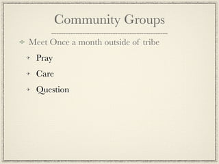 Community Groups
Meet Once a month outside of tribe
 Pray
 Care
 Question
 