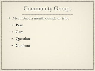 Community Groups
Meet Once a month outside of tribe
 Pray
 Care
 Question
 Confront
 