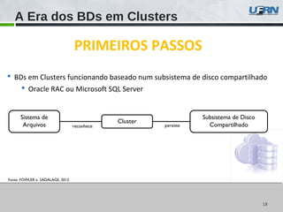 1818
PRIMEIROS PASSOS
 BDs em Clusters funcionando baseado num subsistema de disco compartilhado
 Oracle RAC ou Microsoft SQL Server
Fonte: FOWLER e SADALAGE, 2013.
A Era dos BDs em Clusters
Sistema de
Arquivos
Cluster
reconhece
Subsistema de Disco
Compartilhadopersiste
 