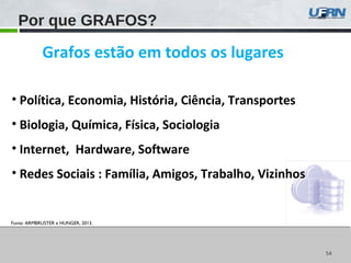 5454
Por que GRAFOS?
Grafos estão em todos os lugares
• Política, Economia, História, Ciência, Transportes
• Biologia, Química, Física, Sociologia
• Internet, Hardware, Software
• Redes Sociais : Família, Amigos, Trabalho, Vizinhos
Fonte: ARMBRUSTER e HUNGER, 2013.
 