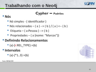 6666
Trabalhando com o Neo4j
Fonte: NEO4J.COM
 Nós
 Nó simples - ( identificador )
 Nós relacionados – ( a ) --> ( b ) / ( a ) <-- ( b )
 Etiqueta – ( a:Pessoa ) --> ( b )
 Propriedades – ( a {nome: “Marcos”})
 Definindo Relacionamentos
 (a)-[r:REL_TYPE]->(b)
 Intervalos
 (a)-[*1..3]->(b)
Cypher – Padrões
 