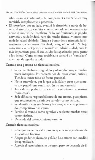 194 .-,,, EDUCACIÓN CONSCIENTE: CULTIVAR SU AUTOESTIMA Y DISCIPLINAR CON AMOR
cibe. Cuando se sabe culpable, compensará a través de ser muy
servicial, complaciente y generoso.
• El sanguíneo, por su lado, evadirá la situación a través de ha-
cerse el simpático, cambiar el tema, restarle importancia o ig-
norar el motivo del conflicto. Si lo confrontamos se pondrá
nervioso y se defenderá, pero sin mucha fuerza. Minutos más
tarde lo habrá olvidado. Tiende a borrar de su memoria las si-
tuaciones que le causan dificultad, desagrado o dolor. Su baja
autoestima lo hará perder su sentido de individualidad, pues lo
más importante para él será cuidar las apariencias para gustar
a los demás. Como es muy sociable, se tornará un "camaleón"
que trata de agradar a todos.
Cuando una persona no tiene autoestima:
• Se siente fácilmente agredido y ofendido porque muchas
veces interpreta los comentarios de otros como críticas.
Tiende a tomar todo de forma personal.
• No se autovalora, por lo que cada falla y error que come-
te son para él una confirmación de esta carencia.
• Trata de ser perfecto para tapar la vergüenza de sentirse
"poca cosa".
• Se le dificulta responsabilizarse de sus errores, pues piensa
que reconocerlos disminuye su valor como persona.
• Se identifica con sus éxitos y fracasos, se vuelve presumi-
do, competitivo e inseguro.
• Percibe al mundo como agresivo y se siente muchas veces
como víctima.
• Depende del reconocimiento externo.
Cuando tiene autoestima:
• Sabe que tiene un valor propio que es independiente de
sus éxitos o fracasos.
• Acepta poder equivocarse y fallar. Los errores son medios
de aprendizaje.
• Aprecia el reconocimiento de otros, pero no depende de él.
 