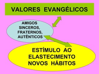 VALORES  EVANGÉLICOS AMIGOS  SINCEROS,  FRATERNOS, AUTÊNTICOS   ESTÍMULO  AO ELASTECIMENTO NOVOS  HÁBITOS 