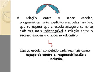 A relação entre o saber escolar, programaticamente explicito e aquelas funções, que se espera que a escola assegure torna-se cada vez mais  indistinguível  a relação entre o  sucesso escolar  e o  sucesso educativo .  Espaço escolar concebido cada vez mais como  espaço de controlo, responsabilização  e  inclusão. 