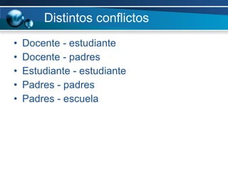 Distintos conflictos Docente - estudiante Docente - padres  Estudiante - estudiante Padres - padres Padres - escuela 