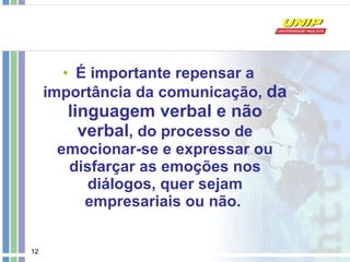 É importante repensar a importância da comunicação,  da linguagem verbal e não verbal , do processo de emocionar-se e expressar ou disfarçar as emoções nos diálogos, quer sejam empresariais ou não.  