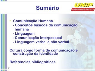 Sumário Comunicação Humana - Conceitos básicos da comunicação  humana - Linguagem - Comunicação Interpessoal - Linguagem verbal e não verbal Cultura como forma de comunicação e construção da identidade Referências bibliográficas 