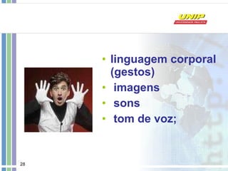 linguagem corporal (gestos) imagens sons tom de voz; 