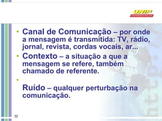 Canal de Comunicação  – por onde a mensagem é transmitida: TV, rádio, jornal, revista, cordas vocais, ar...  Contexto  – a situação a que a mensagem se refere, também chamado de referente.  Ruído  – qualquer perturbação na comunicação.  