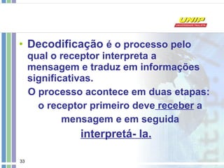 Decodificação  é o processo pelo qual o receptor interpreta a mensagem e traduz em informações significativas. O processo acontece em duas etapas: o receptor primeiro deve  receber  a mensagem e em seguida interpretá- la. 