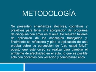 METODOLOGÍA
Se presentan enseñanzas afectivas, cognitivas y
praxitivas para tener una apropiación del programa
de disciplina con amor en el aula. Se realizan talleres
de aplicación de los conceptos trabajados y,
finalmente se reflexiona y pide la aplicación de una
prueba sobre su percepción de "¿es usted feliz?"
puesto que este curso se realiza para cambiar el
ambiente de afectividad en el aula, lo que es posible
sólo con docentes con vocación y compromiso ético.
 