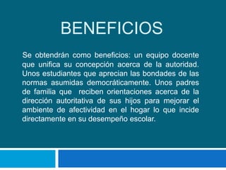 BENEFICIOS
Se obtendrán como beneficios: un equipo docente
que unifica su concepción acerca de la autoridad.
Unos estudiantes que aprecian las bondades de las
normas asumidas democráticamente. Unos padres
de familia que reciben orientaciones acerca de la
dirección autoritativa de sus hijos para mejorar el
ambiente de afectividad en el hogar lo que incide
directamente en su desempeño escolar.
 