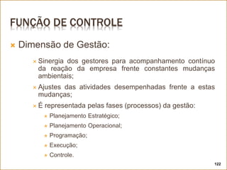 FUNÇÃO DE CONTROLE
 Dimensão de Gestão:
 Sinergia dos gestores para acompanhamento contínuo
da reação da empresa frente constantes mudanças
ambientais;
 Ajustes das atividades desempenhadas frente a estas
mudanças;
 É representada pelas fases (processos) da gestão:
 Planejamento Estratégico;
 Planejamento Operacional;
 Programação;
 Execução;
 Controle.
122
 