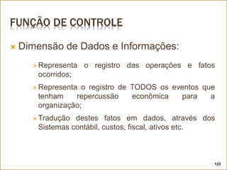 FUNÇÃO DE CONTROLE
 Dimensão de Dados e Informações:
 Representa o registro das operações e fatos
ocorridos;
 Representa o registro de TODOS os eventos que
tenham repercussão econômica para a
organização;
 Tradução destes fatos em dados, através dos
Sistemas contábil, custos, fiscal, ativos etc.
123
 