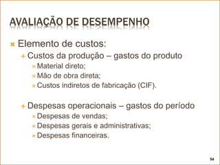 AVALIAÇÃO DE DESEMPENHO
 Elemento de custos:
 Custos da produção – gastos do produto
 Material direto;
 Mão de obra direta;
 Custos indiretos de fabricação (CIF).
 Despesas operacionais – gastos do período
 Despesas de vendas;
 Despesas gerais e administrativas;
 Despesas financeiras.
54
 