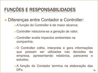 FUNÇÕES E RESPONSABILIDADES
 Diferenças entre Contador e Controller:
 A função do Controller é de maior alcance;
 Controller relaciona-se a geração de valor;
 Controller avalia impactos ambientais na
companhia;
 O Controller colhe, interpreta e gera informações
que possam ser utilizadas nas decisões da
empresa, apresentando relatórios, pareceres e
estudos;
 A função do Contador termina na elaboração das
DFs. 72
 