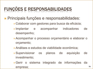 FUNÇÕES E RESPONSABILIDADES
 Principais funções e responsabilidades:
 Colaborar com gestores para busca da eficácia;
 Implantar e acompanhar indicadores de
desempenho;
 Acompanhar o processo orçamentário e elaborar o
orçamento;
 Análises e estudos de viabilidade econômica;
 Supervisionar os planos de aquisição de
investimento;
 Gerir o sistema integrado de informações da
empresa; 74
 
