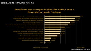 GERENCIAMENTO DE PROJETOS
GERENCIAMENTO DE PROJETOS VISÃO PMI
% de Organizações que citaram o item Fonte:Project Builder
 