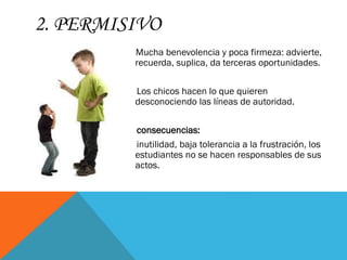 2. PERMISIVO
Mucha benevolencia y poca firmeza: advierte,
recuerda, suplica, da terceras oportunidades.
Los chicos hacen lo que quieren
desconociendo las líneas de autoridad.
consecuencias:
inutilidad, baja tolerancia a la frustración, los
estudiantes no se hacen responsables de sus
actos.
 
