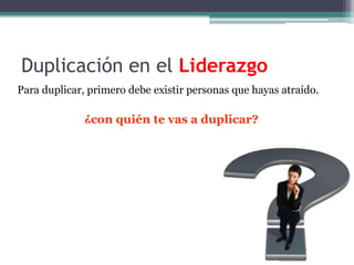 Duplicación en el Trabajo¿Cómo desarrollamos los lideres?Delega y enseña a producirEnseña a liderar (a personas que ya enseñan a producir)Prospecto
