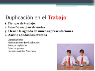  En el aspecto del liderazgoDuplicación en el Trabajo1. Tiempo de trabajo2. Enseñe un plan de metas3. Llenar la agenda de muchas presentaciones4. Asistir a todos los eventosCapacitacionesPresentaciones InstitucionalesEventos regionalesExtravanganzasEncuentro de las Américas