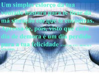 Um simples esforço da tua
vontade bastará para te tirar da
má situação em que te encontras.
Apressa-te, pois, visto que cada
dia de demora é um dia perdido
para a tua felicidade
                    (ESE CAP. XXV - BUSCAI E
ACHAREIS)
 