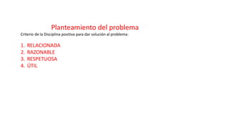 Planteamiento del problema
Criterio de la Disciplina positiva para dar solución al problema:
1. RELACIONADA
2. RAZONABLE
3. RESPETUOSA
4. ÚTIL
 