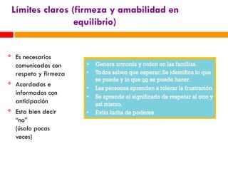 Límites claros (firmeza y amabilidad en
equilibrio)
 Es necesarios
comunicados con
respeto y firmeza
 Acordados e
informados con
anticipación
 Esta bien decir
“no”
(úsalo pocas
veces)
 
