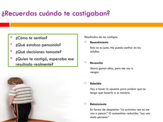 ¿Recuerdas cuándo te castigaban?
 ¿Cómo te sentías?
 ¿Qué estabas pensando?
 ¿Qué decisiones tomaste?
 ¿Quien te castigó, esperaba ese
resultado realmente?
Resultados de los castigos:
 Resentimiento
Esto no es justo. No puedo confiar en los
adultos.
 Revancha
Ahora ganan ellos, pero me voy a
vengar.
 Rebeldía
Voy a hacer lo opuesto para probar que no
tengo que hacerlo a su manera.
 Retraimiento
En forma de despecho: “La próxima vez no me
van a pescar.” O autoestima reducida: “soy una
mala persona.”
 