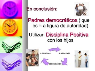 En conclusión: Padres democráticos  ( que es = a figura de autoridad) Utilizan  Disciplina Positiva  con los hijos T. NEGATIVAS COMUNICACIÓN T. POSITIVAS 