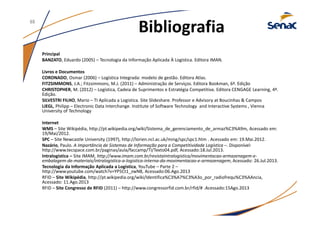 Bibliografia
Principal
BANZATO, Eduardo (2005) – Tecnologia da Informação Aplicada À Logística. Editora IMAN.
Livros e Documentos
CORONADO, Osmar (2006) – Logística Integrada: modelo de gestão. Editora Atlas.
FITZSIMMONS, J.A.; Fitzsimmons, M.J. (2011) – Administração de Serviços. Editora Bookman, 6ª. Edição
CHRISTOPHER, M. (2012) – Logística, Cadeia de Suprimentos e Estratégia Competitiva. Editora CENGAGE Learning, 4ª.
Edição.
SILVESTRI FILHO, Mario – TI Aplicada a Logistica. Site Slideshare. Professor e Advisory at Boucinhas & Campos
LIEGL, Philipp – Electronic Data Interchange. Institute of Software Technology and Interactive Systems , Vienna
University of Technology
Internet
WMS – Site Wikipédia, http://pt.wikipedia.org/wiki/Sistema_de_gerenciamento_de_armaz%C3%A9m, Acessado em:
19/Mai/2012.
SPC – Site Newcastle University (1997), http://lorien.ncl.ac.uk/ming/spc/spc1.htm . Acessado em: 19.Mai.2012.
Nazário, Paulo. A Importância de Sistemas de Informação para a Competitividade Logística –. Disponível:
http://www.tecspace.com.br/paginas/aula/faccamp/TI/Texto04.pdf, Acessado:18.Jul.2013.
Intralogística – Site IMAM, http://www.imam.com.br/revistaintralogistica/movimentacao-armazenagem-e-
embalagem-de-materiais/intralogistica-a-logistica-interna-da-movimentacao-e-armazenagem, Acessado: 26.Jul.2013.
Tecnologia da Informação Aplicada a Logística, YouTube – Parte 2 –
http://www.youtube.com/watch?v=YP5Ct1_zwN8, Acessado:06.Ago.2013
RFID – Site Wikipédia, http://pt.wikipedia.org/wiki/Identifica%C3%A7%C3%A3o_por_radiofrequ%C3%AAncia,
Acessado: 11.Ago.2013
RFID – Site Congresso de RFID (2011) – http://www.congressorfid.com.br/rfid/# .Acessado:15Ago.2013
55
 