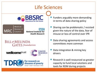 Life Sciences 
 Funders arguably more demanding 
in terms of data sharing policy 
 Sharing can be problematic / resisted 
given the nature of the data, fear of 
misuse or loss of control over IPR 
 Data sharing agreements and access 
committees more common 
 Data integration & mining key 
drivers 
 Research is well-resourced so greater 
capacity to fund local solutions and 
tools for RDM during projects 
 