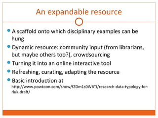 An expandable resource 
A scaffold onto which disciplinary examples can be 
hung 
Dynamic resource: community input (from librarians, 
but maybe others too?), crowdsourcing 
Turning it into an online interactive tool 
Refreshing, curating, adapting the resource 
Basic introduction at 
http://www.powtoon.com/show/fZDm1s0W6TI/research-data-typology-for-rluk- 
draft/ 
 