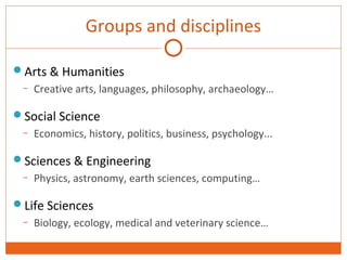 Groups and disciplines 
Arts & Humanities 
– Creative arts, languages, philosophy, archaeology… 
Social Science 
– Economics, history, politics, business, psychology... 
Sciences & Engineering 
– Physics, astronomy, earth sciences, computing… 
Life Sciences 
– Biology, ecology, medical and veterinary science… 
 